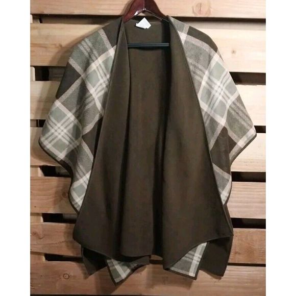 Woolrich Blanket Wrap One Size Brown Plaid Reversible Fleece Cape Shawl Poncho - Picture 2 of 8